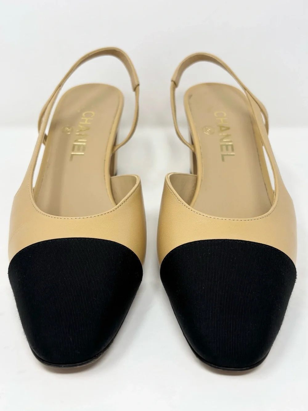 Chanel Two-Tone Goatskin & Grosgrain CC Slingback Pumps Beige Black 38.5